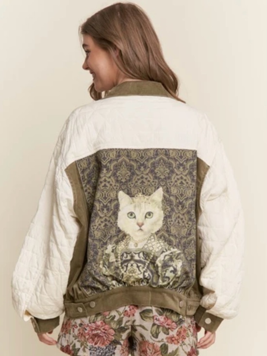 J.NNA Jackets & Blazers - J.nna "Queen Kitty" Print Vintage Style Aviator Jacket in Olive Cream